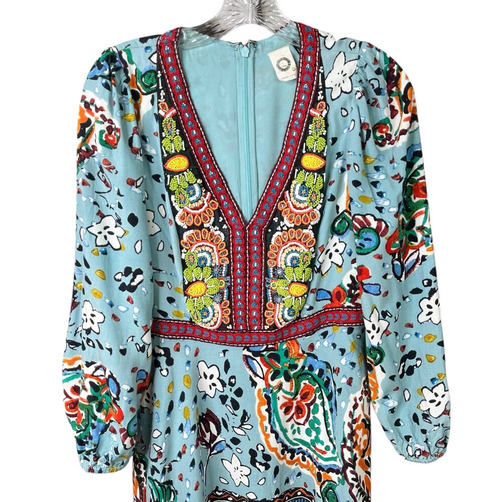 Akemi+ Kin Anthropologie Blue Fit & Flare Boho Beaded V-Neck Dress Womens SZ 8 - Picture 5 of 16